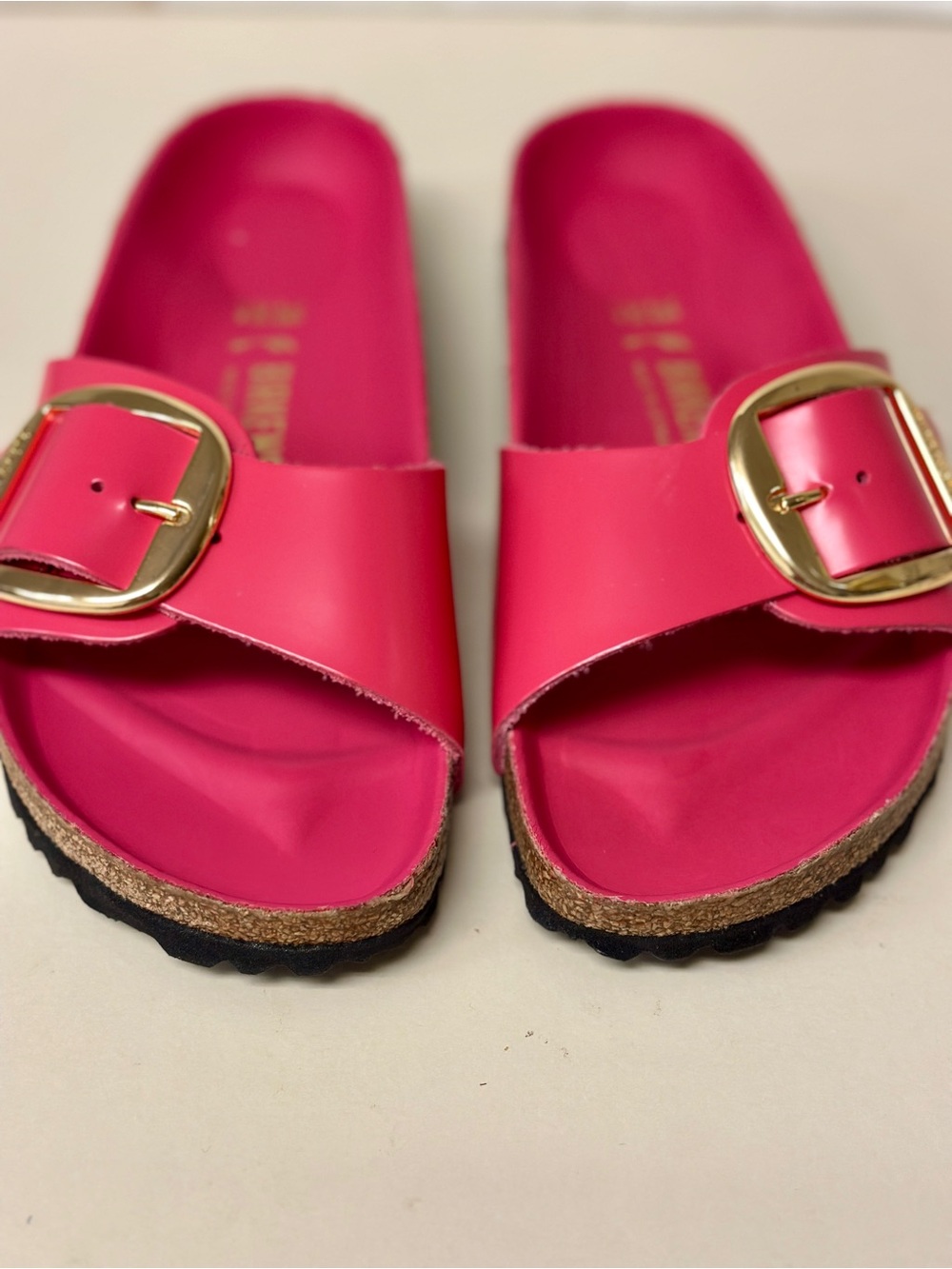 Birkenstock Are You Kidding Me! Hot Pink Slide Sandals with Gold Buckle